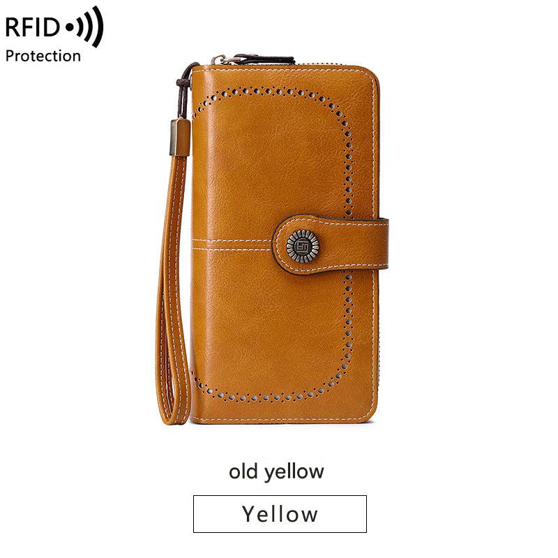 Women’s wallet demonstration showing RFID protection