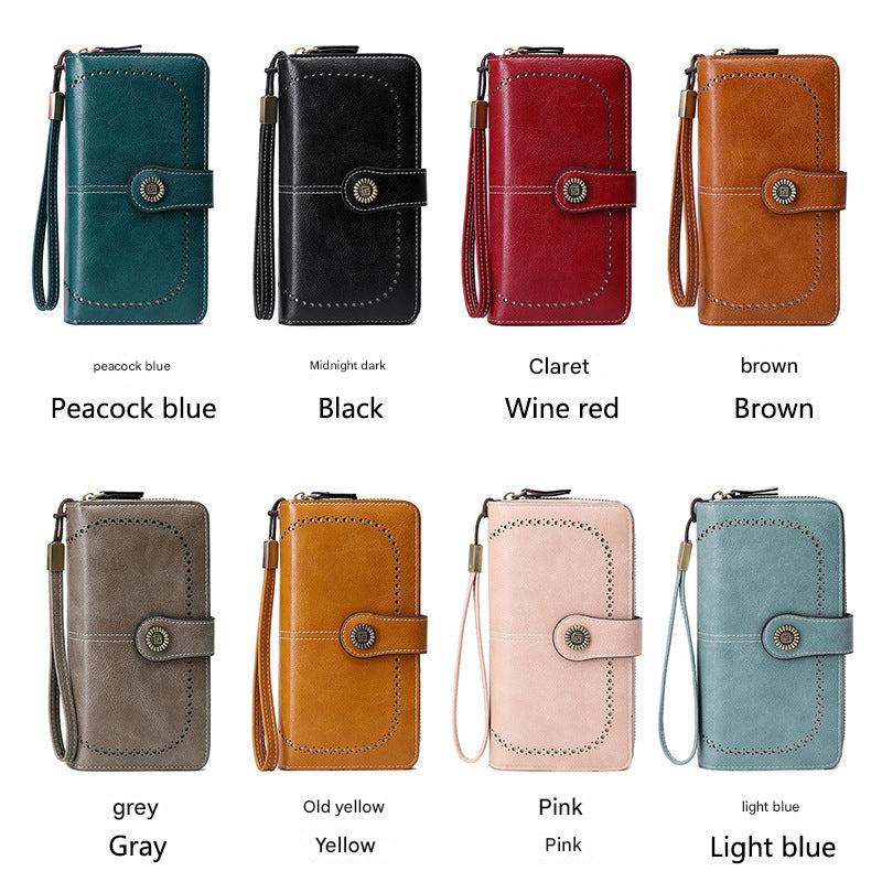 Light blue zip wallet for women on display