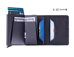 Smart leather wallet in carbon fibre finish