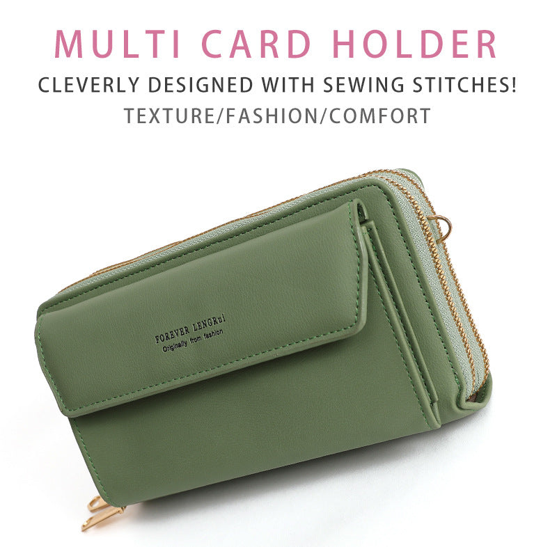 Black multi-functional women's handbag in use
