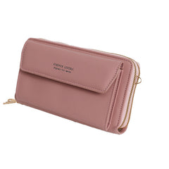 Black multi-functional women's handbag in use