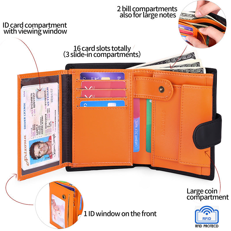Genuine leather wallet in orange-black colour