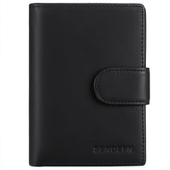 Textured black leather wallet with compact design