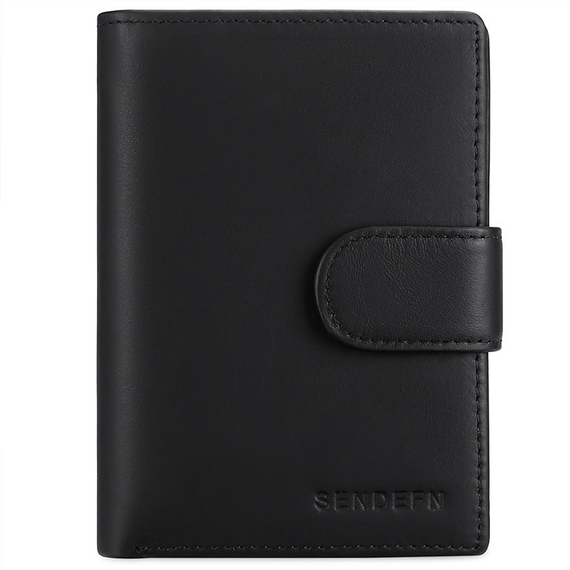 Textured black leather wallet with compact design