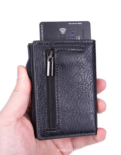 minimalist aluminium wallet on wooden background