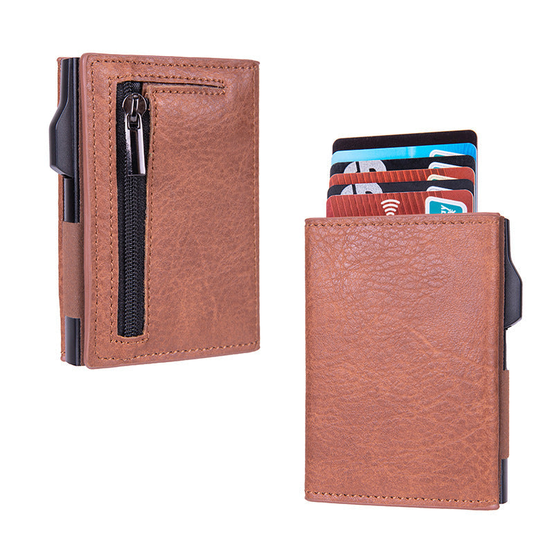 minimalist aluminium wallet on wooden background