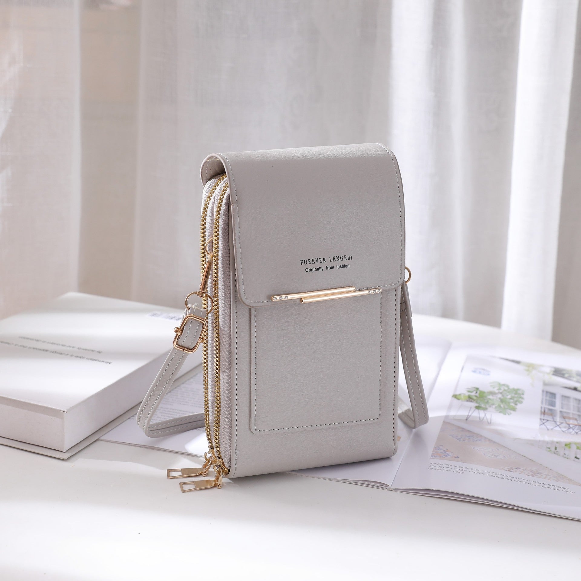 Trendy gray PU handbag with multiple pockets