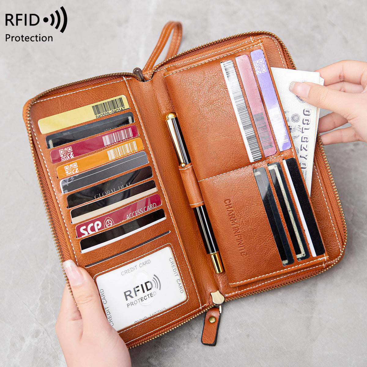 Spacious compartment of RFID-blocking wallet for women