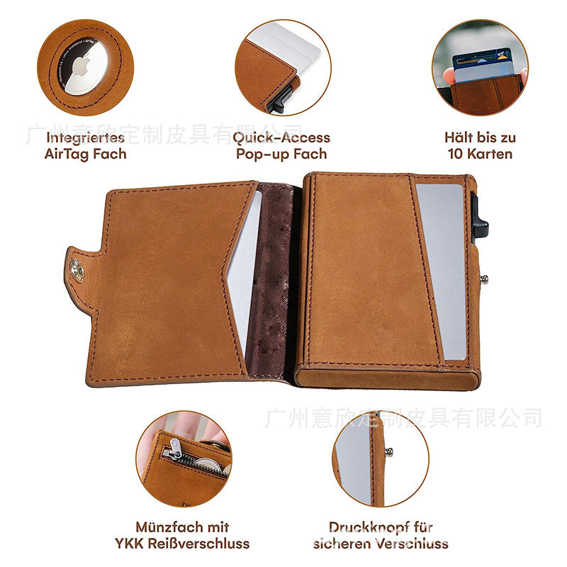 Detailed view of compartments in leather wallet