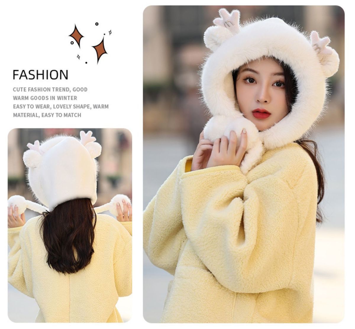 Back view of cute plush winter hat with antlers