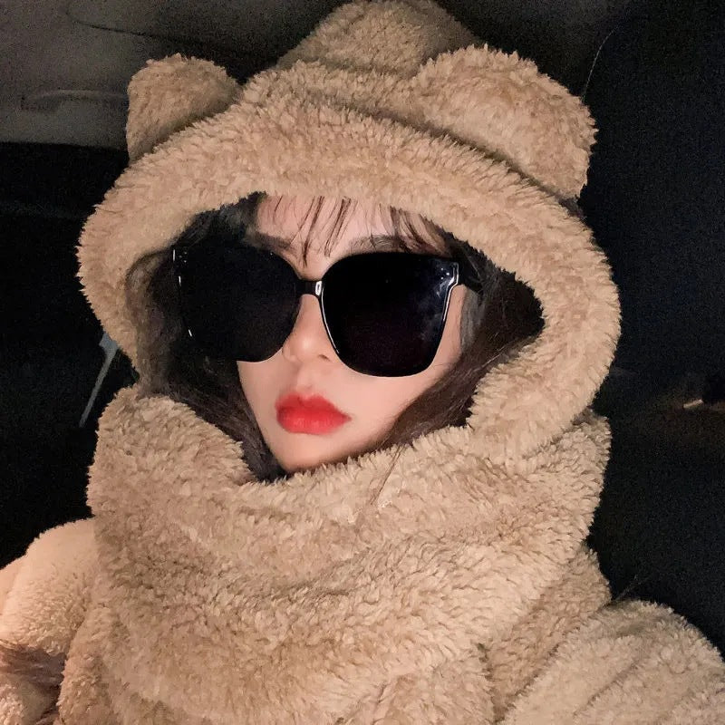 Cute plush bear hat and scarf set for women