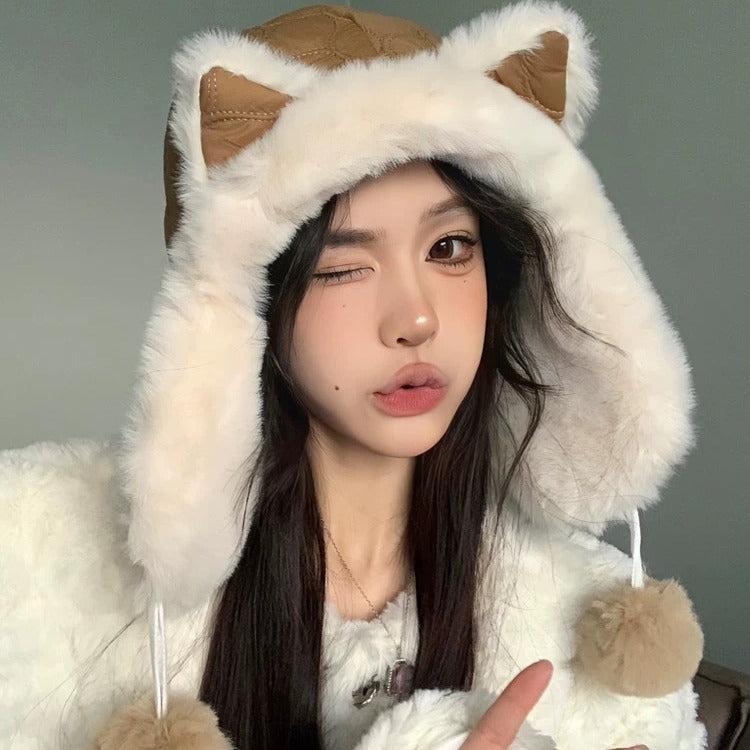 Stylish feminine fox ear hat in winter outdoor setting
