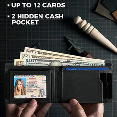 Men's leather wallet opened to show money clip and cards